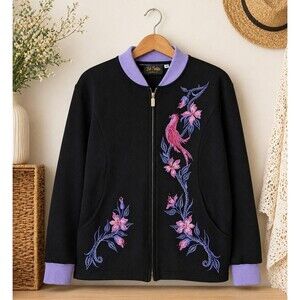 Vintage Bob Mackie Wearable Art Embroidered Bird Jacket Medium Black Maximalist